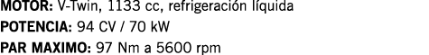MOTOR: V-Twin, 1133 cc, refrigeración líquida POTENCIA: 94 CV   70 kW PAR MAXIMO: 97 Nm a 5600 rpm