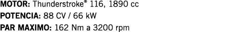 MOTOR: Thunderstroke  116, 1890 cc POTENCIA: 88 CV   66 kW PAR MAXIMO: 162 Nm a 3200 rpm